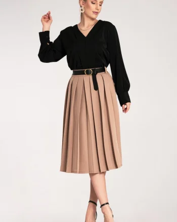 Fusta midi plisata,  bej, poliester,