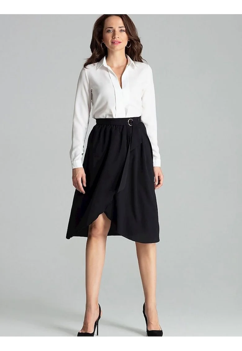 Fusta midi  neagra, talie plisata, fermoar lateral ascuns, curea cu catarama aurie, poliester, Negru