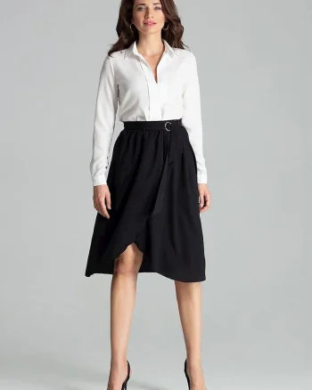 Fusta midi  neagra, talie plisata, fermoar lateral ascuns, curea cu catarama aurie, poliester, Negru