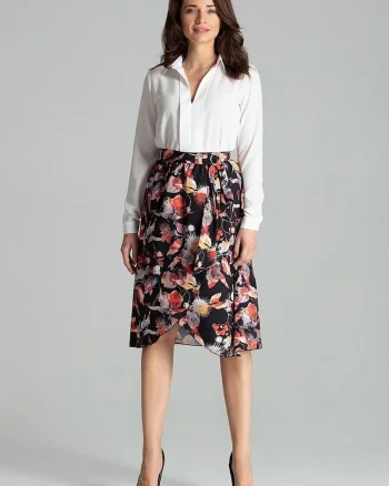 Fusta midi  plisata, model floral, poliester, Negru