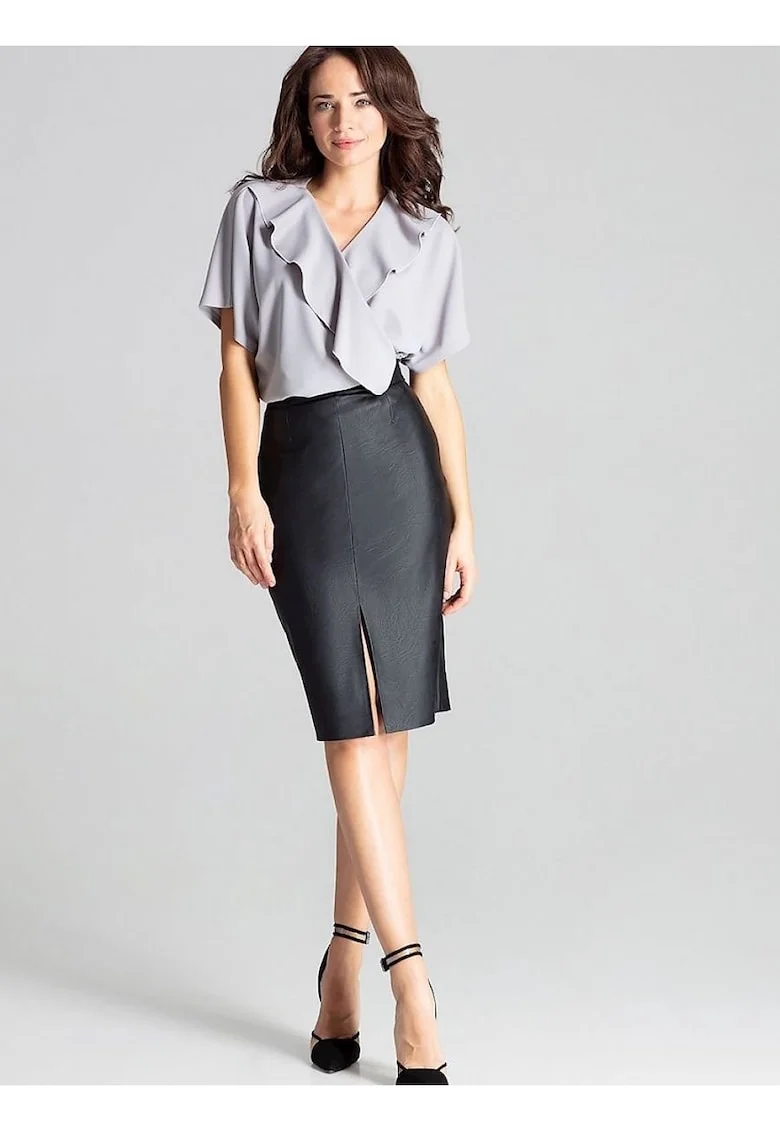 Fusta creion,  midi, neagra, piele ecologica, fermoar decorativ, despicatura, Negru