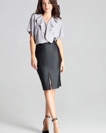 Fusta creion,  midi, neagra, piele ecologica, fermoar decorativ, despicatura, Negru