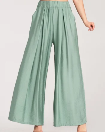Pantaloni dama,  largi, talie inalta, verde, viscoza-elastan,