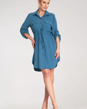 Rochie tip camasa,  albastra, poliester, maneci reglabile,