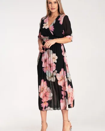 Rochie lunga,  florala, neagra, plisata, poliester,