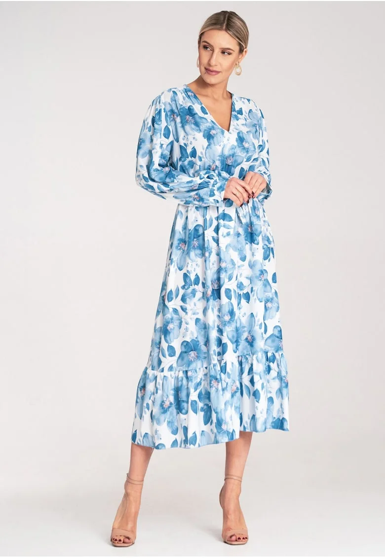 Rochie,  florala, poliester, albastra, material usor,