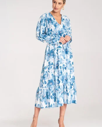 Rochie,  florala, poliester, albastra, material usor,