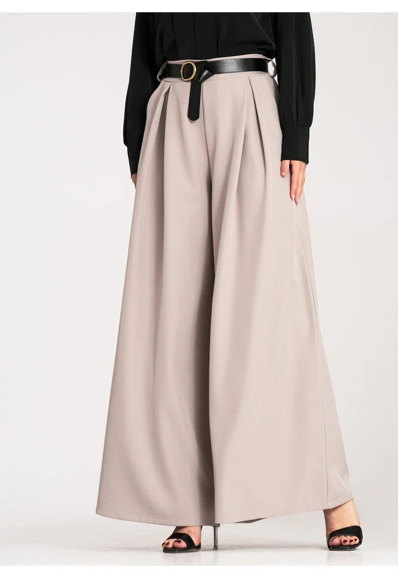 Pantaloni dama  eleganti, talie inalta, bej, poliester/elastan,