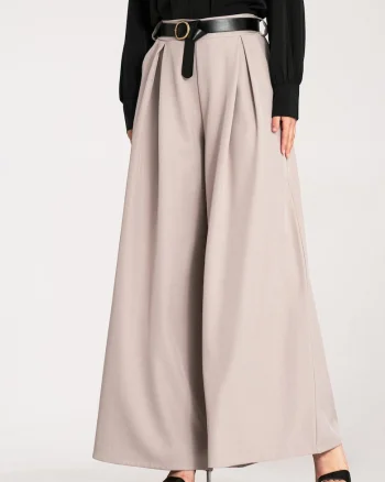 Pantaloni dama  eleganti, talie inalta, bej, poliester/elastan,
