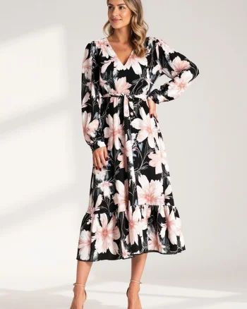Rochie florala cu volane,  neagra, 100% poliester,
