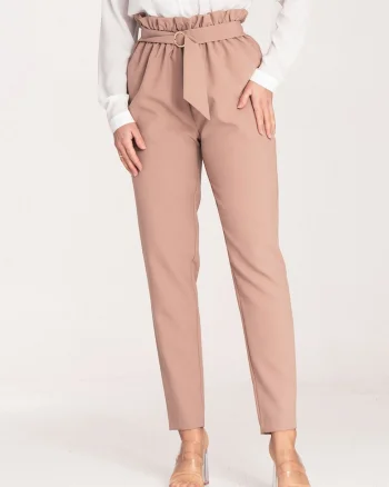 Pantaloni dama  eleganti, talie inalta, bej, poliester