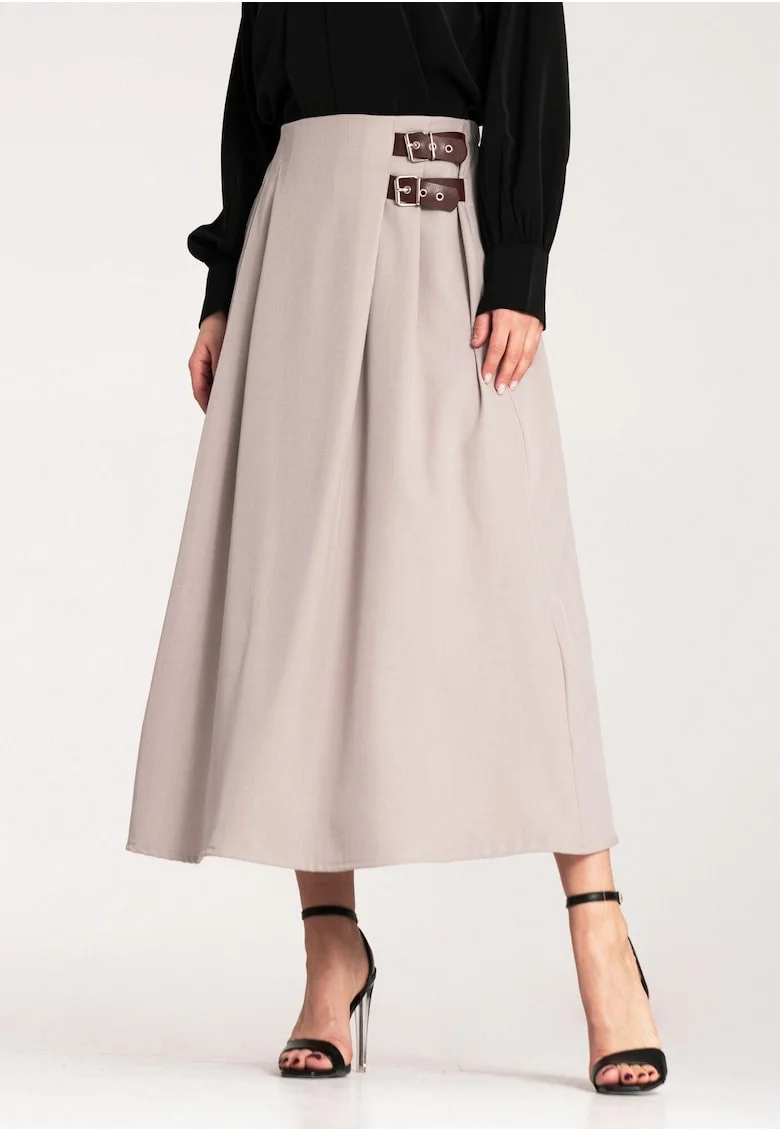 Fusta midi  cu curea, bej, material usor, poliester,