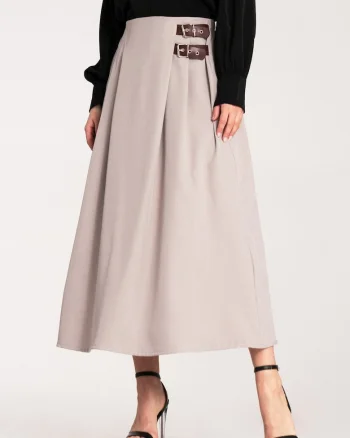 Fusta midi  cu curea, bej, material usor, poliester,