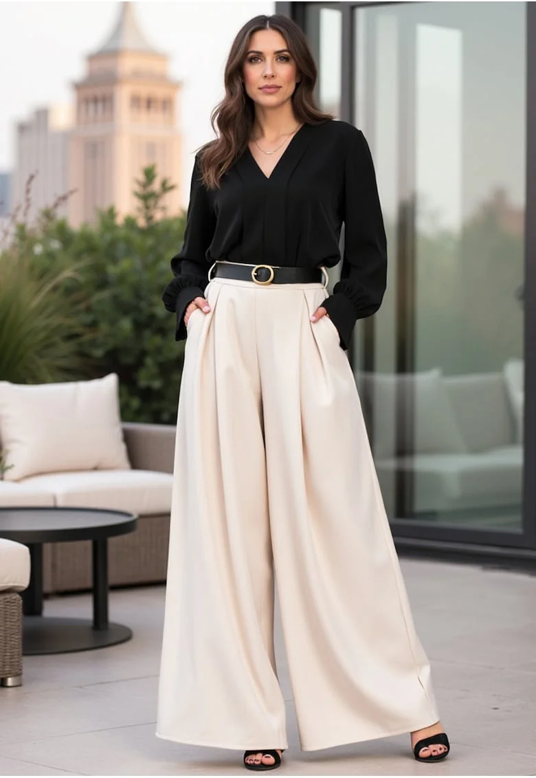 Fusta-pantaloni,  eleganta, confortabila, 95% poliester, ecru,