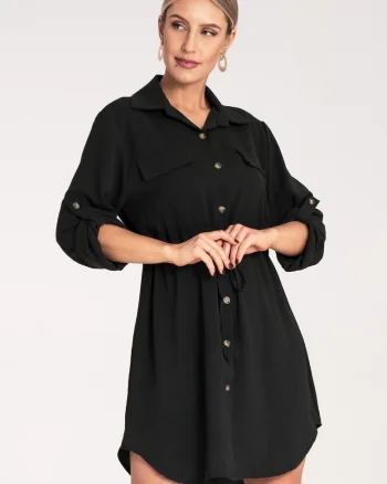 Rochie camasa dama,  neagra, maneca lunga, cu nasturi, 95% poliester, 5% elastan,