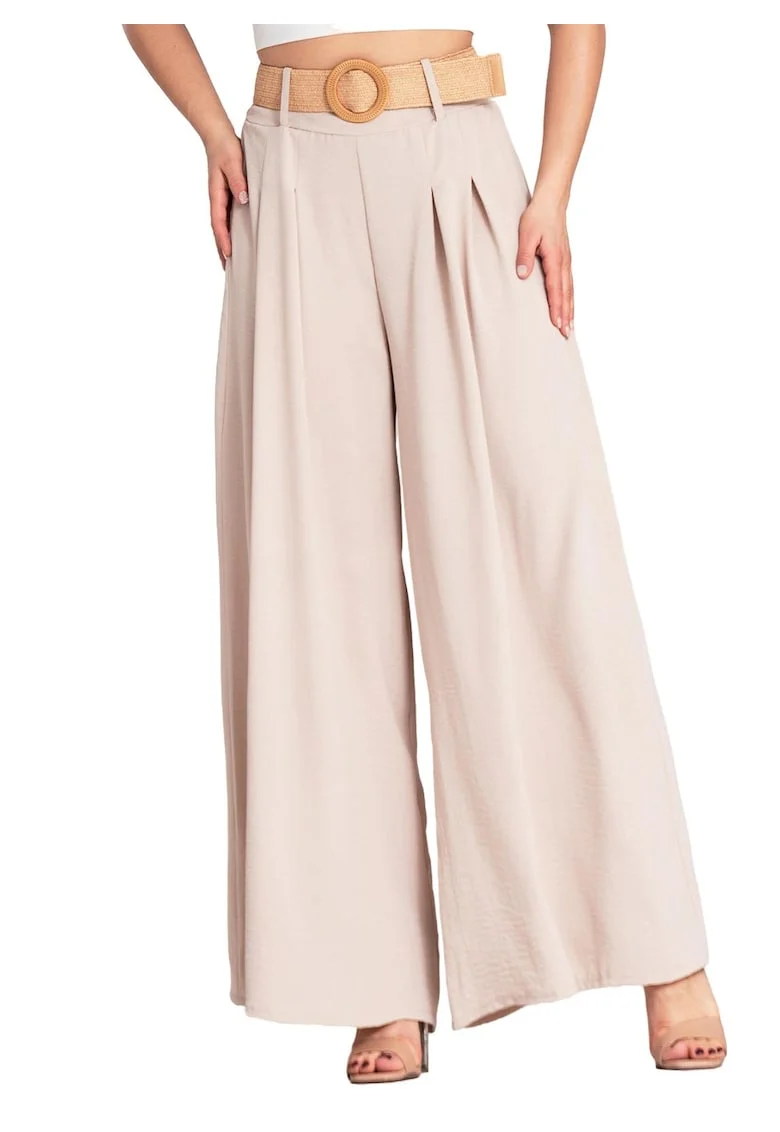 Pantaloni dama,  bej, cu curea, poliester,