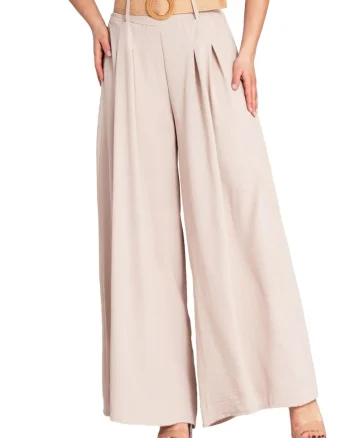 Pantaloni dama,  bej, cu curea, poliester,