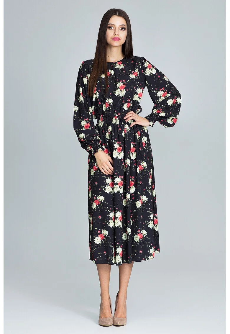 Rochie lunga  M600, florala, neagra, din poliester, cu maneci lungi,