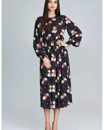 Rochie lunga  M600, florala, neagra, din poliester, cu maneci lungi,