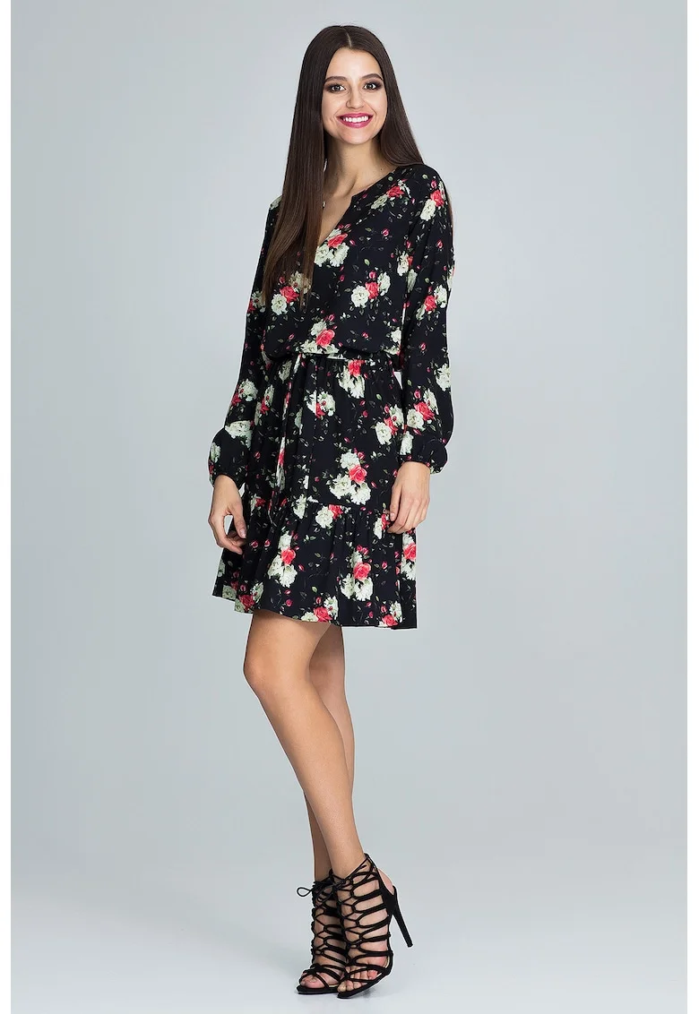 Rochie scurta  boho, florala, cu maneci bufante, multicolor, poliester,