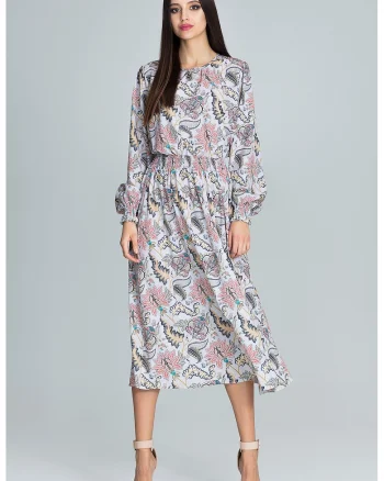 Rochie  M600 79, imprimeu floral, lungime midi, maneci lungi, multicolor, poliester,