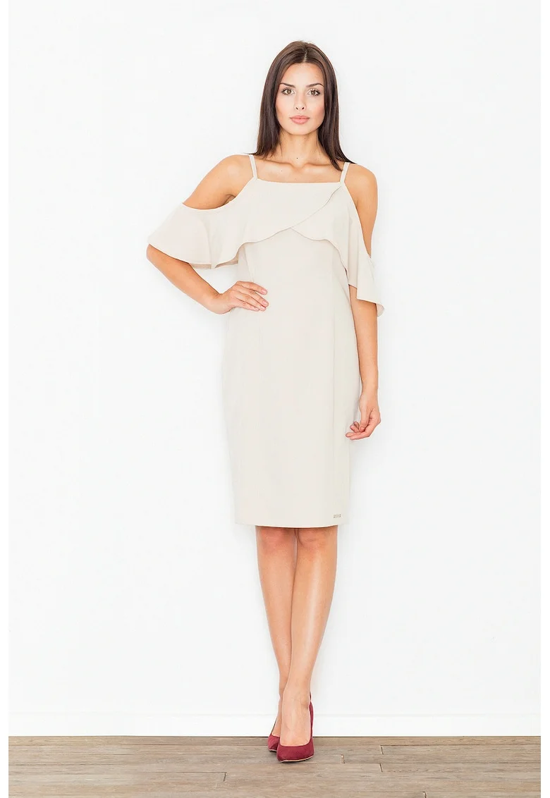 Rochie  M478, bej, cu umeri goi, poliester 65%, viscoza 35%,