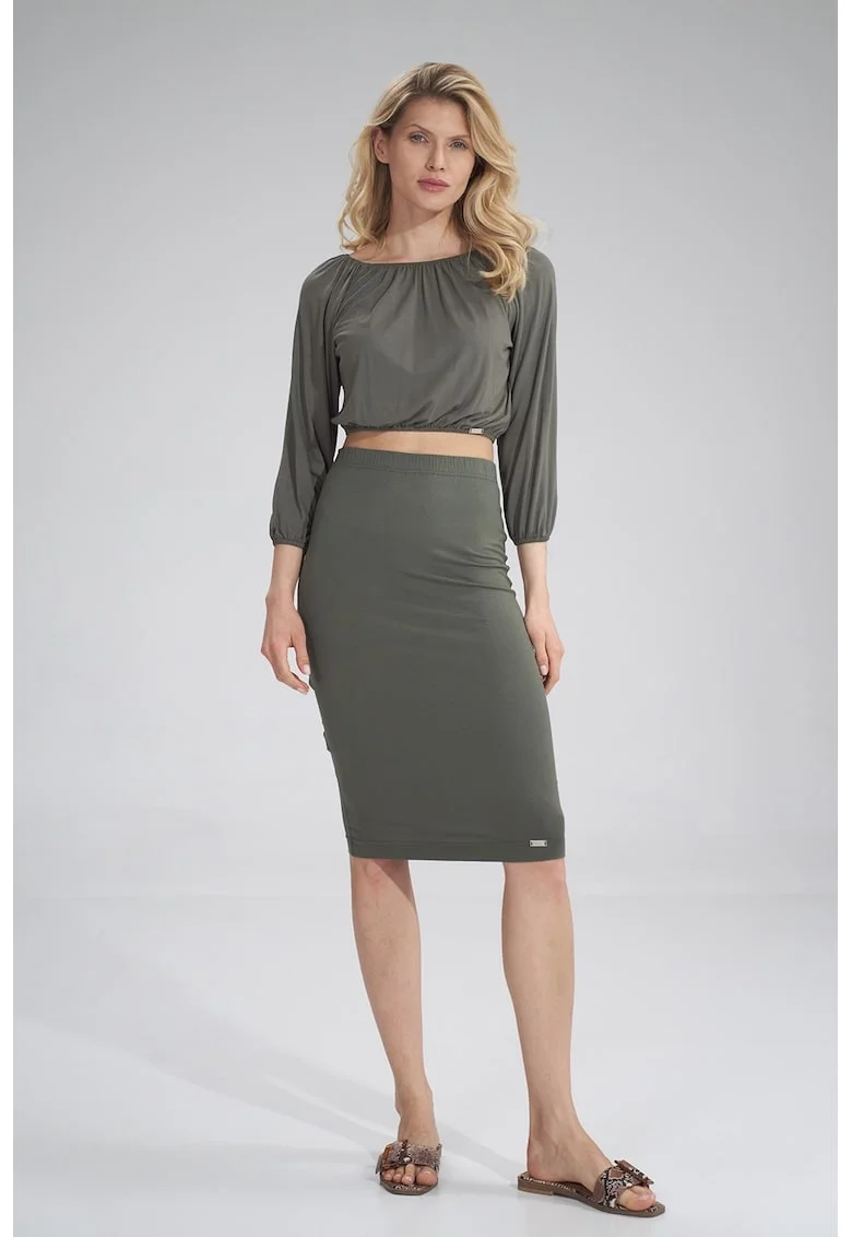 Fusta midi  M793, mulata, verde, viscoza, talie inalta,