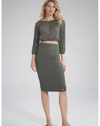 Fusta midi  M793, mulata, verde, viscoza, talie inalta,
