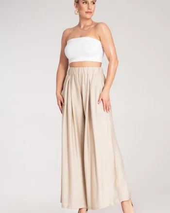 Pantaloni dama,  bej, talie inalta, lati, vara,