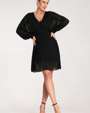 Rochie eleganta  din sifon, neagra, cu maneci lungi, poliester,