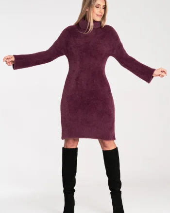 Rochie tricotata  guler inalt, maneci lungi, rosu, 100% nailon,