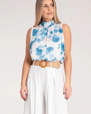 Bluza dama,  Fara maneci, Poliester, Alb/Albastru,