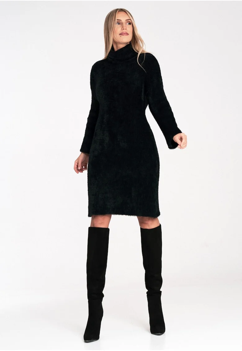 Rochie tricotata  guler inalt, neagra, 100% nailon,