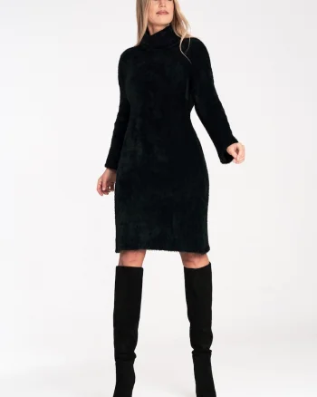 Rochie tricotata  guler inalt, neagra, 100% nailon,
