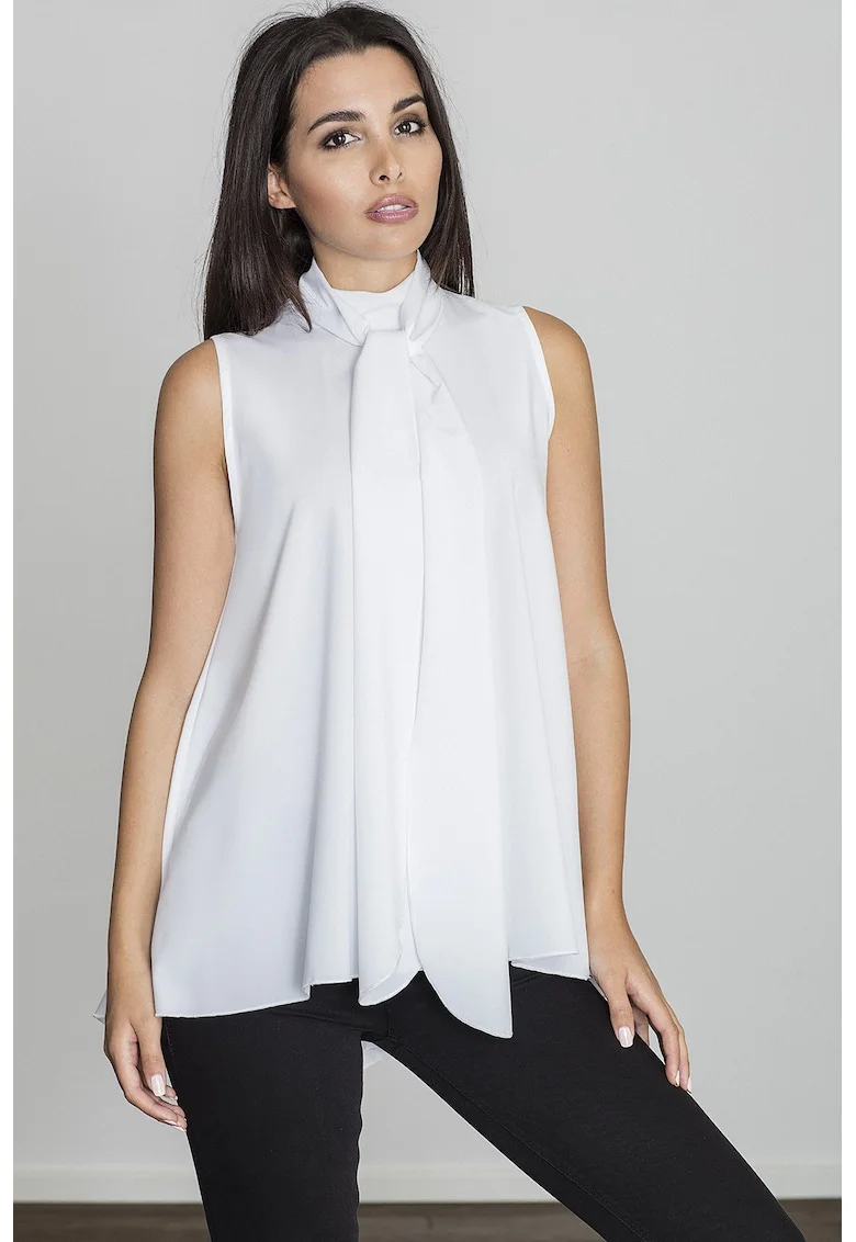 Bluza dama,  Poliester/Elastan, Guler tip cravata, Alb,