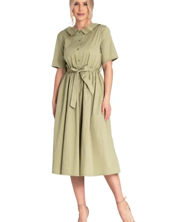 Rochie midi,  verde, stil camasa, bumbac,