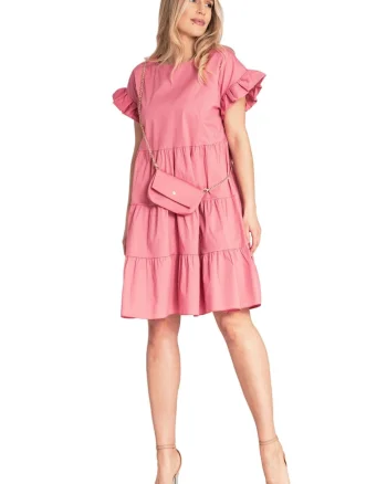 Rochie de vara,  cu volane, roz, bumbac/elastan,