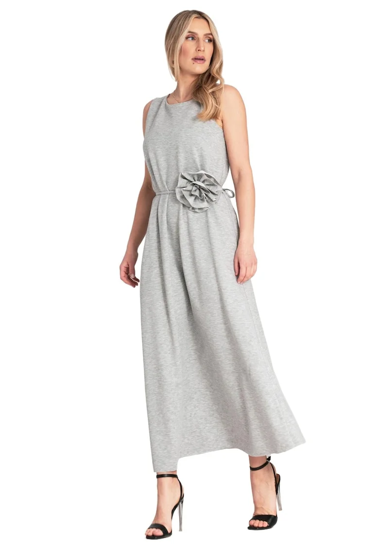 Rochie eleganta  fara maneci, motiv floral, gri, poliester/spandex/viscoza,