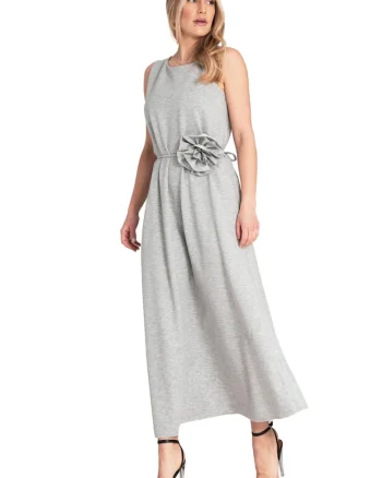 Rochie eleganta  fara maneci, motiv floral, gri, poliester/spandex/viscoza,