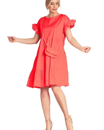 Rochie de vara,  M1182, volane, rosu, bumbac/elastan,