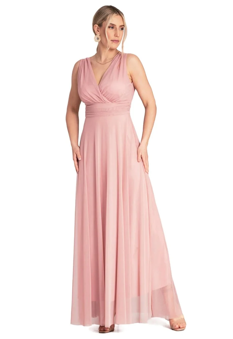 Rochie maxi de seara,  volane, roz, poliester/elastan,