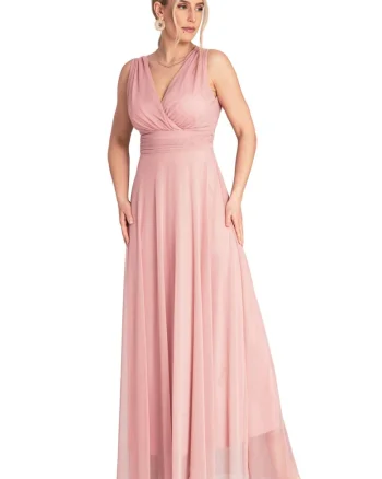 Rochie maxi de seara,  volane, roz, poliester/elastan,