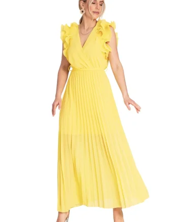 Rochie maxi plisata,  galben, maneci cu volane, viscoza/elastan/poliester,