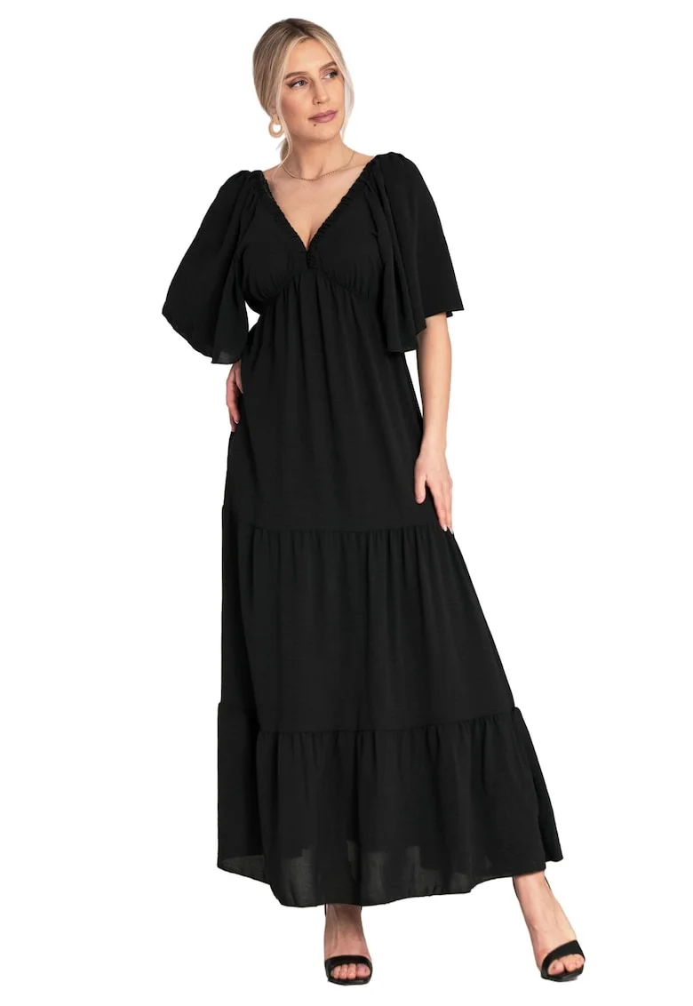 Rochie lunga cu volane,  neagra, poliester,