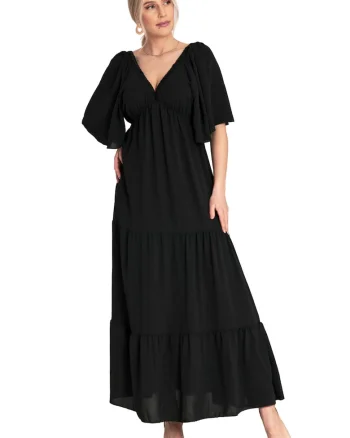 Rochie lunga cu volane,  neagra, poliester,