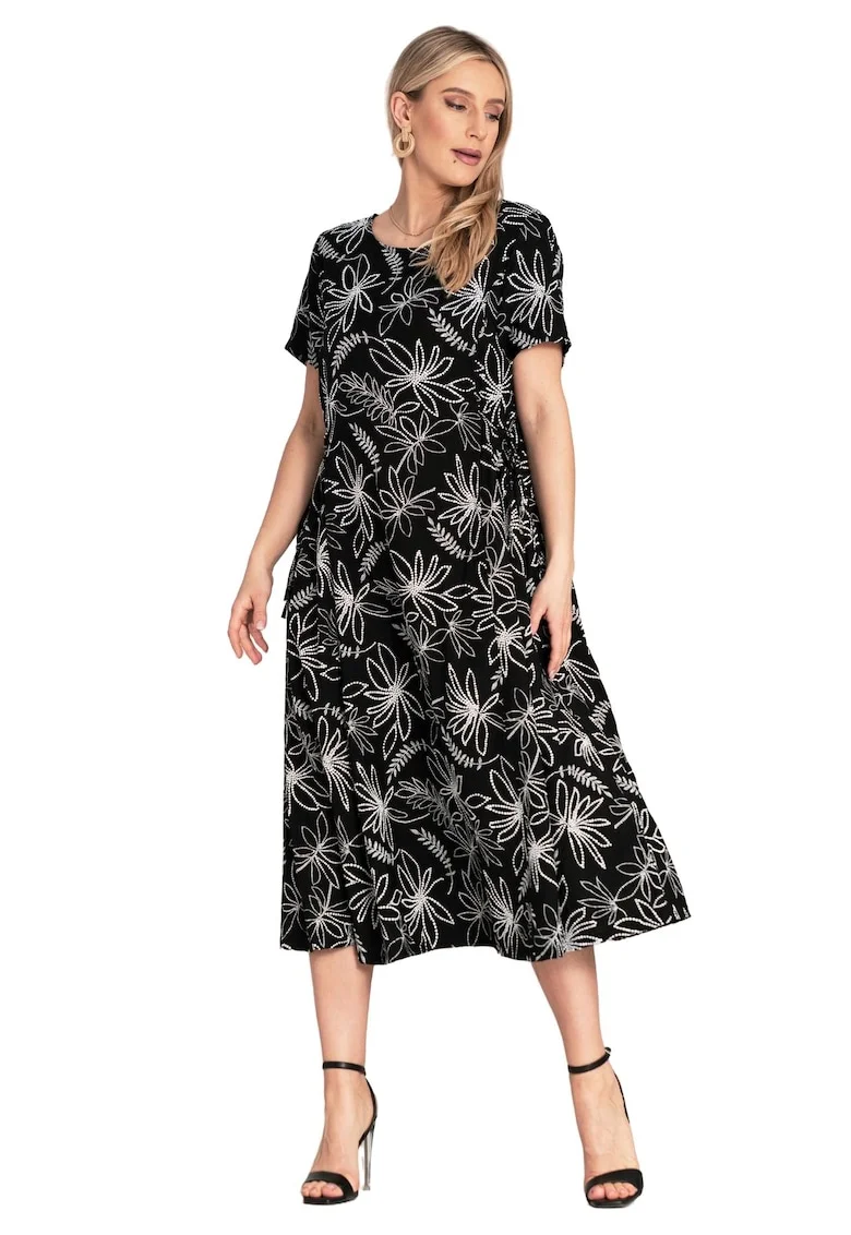 Rochie  simpla, cu imprimeu floral, legaturi laterale, neagra, viscoza/nylon,