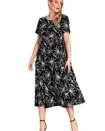 Rochie  simpla, cu imprimeu floral, legaturi laterale, neagra, viscoza/nylon,