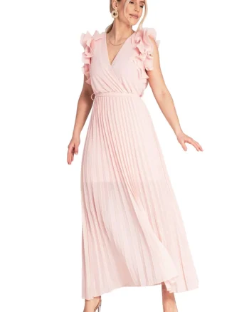 Rochie maxi,  plisata, volane pe maneci, roz, viscoza, elastan, poliester,