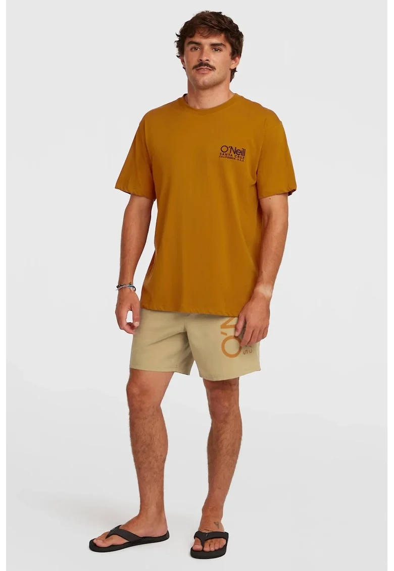 Pantaloni scurti de baie cu talie joasa si imprimeu logo, Bej