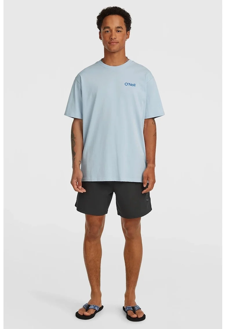 Pantaloni scurti de baie cu imprimeu logo si snur, Negru